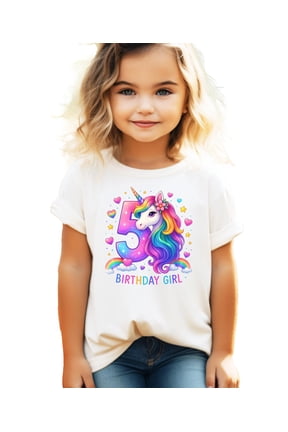5th Birthday Unicorn Shirt for Girls Rainbow Horse Party Theme Five Year Old Graphic Tee Natural Shirt 5-6