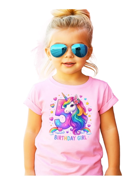 5th Birthday Unicorn Shirt for Girls Rainbow Horse Party Theme Five Year Old Graphic Tee Pink Shirt Youth Small