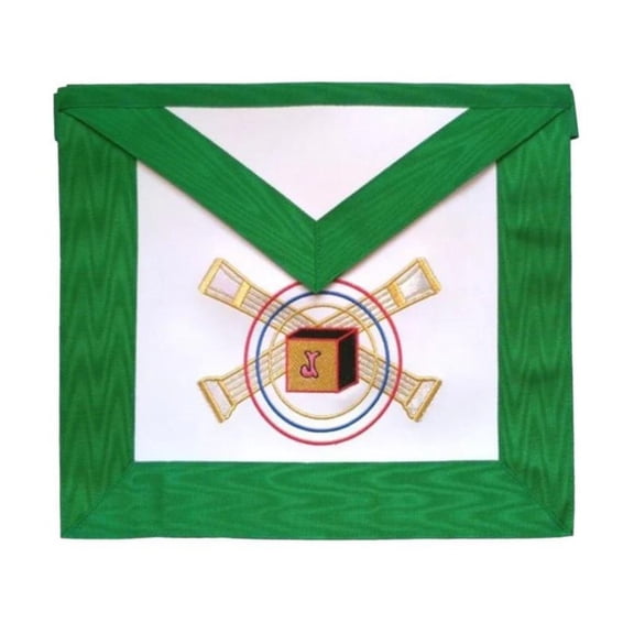 5th Degree Scottish Rite Apron - White with Green Moire Ribbon and Gold-Plated Snake Fitting
