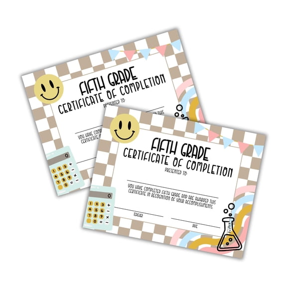 5th Fifth Grade Graduation Certificate of Completion Award 30pk 8.5x11 End of Year Hand Out Tan Neutral Checkered Modern 90s Smiley Faces Friendship Bracelets