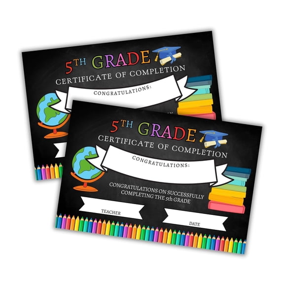 5th Grade Certificate of Completion Diploma 30pk 6x9 Cardstock Chalkboard Background Theme End of the Year Award for Excellence Teacher Graduation