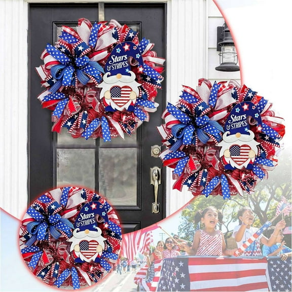 5th of July Patriotic Wreath, Memorial Day Pride Garland for Front Door, Red White and Blue Flag Wreath, Independence Swag Indoor Outdoor Wall Holiday Decor Home