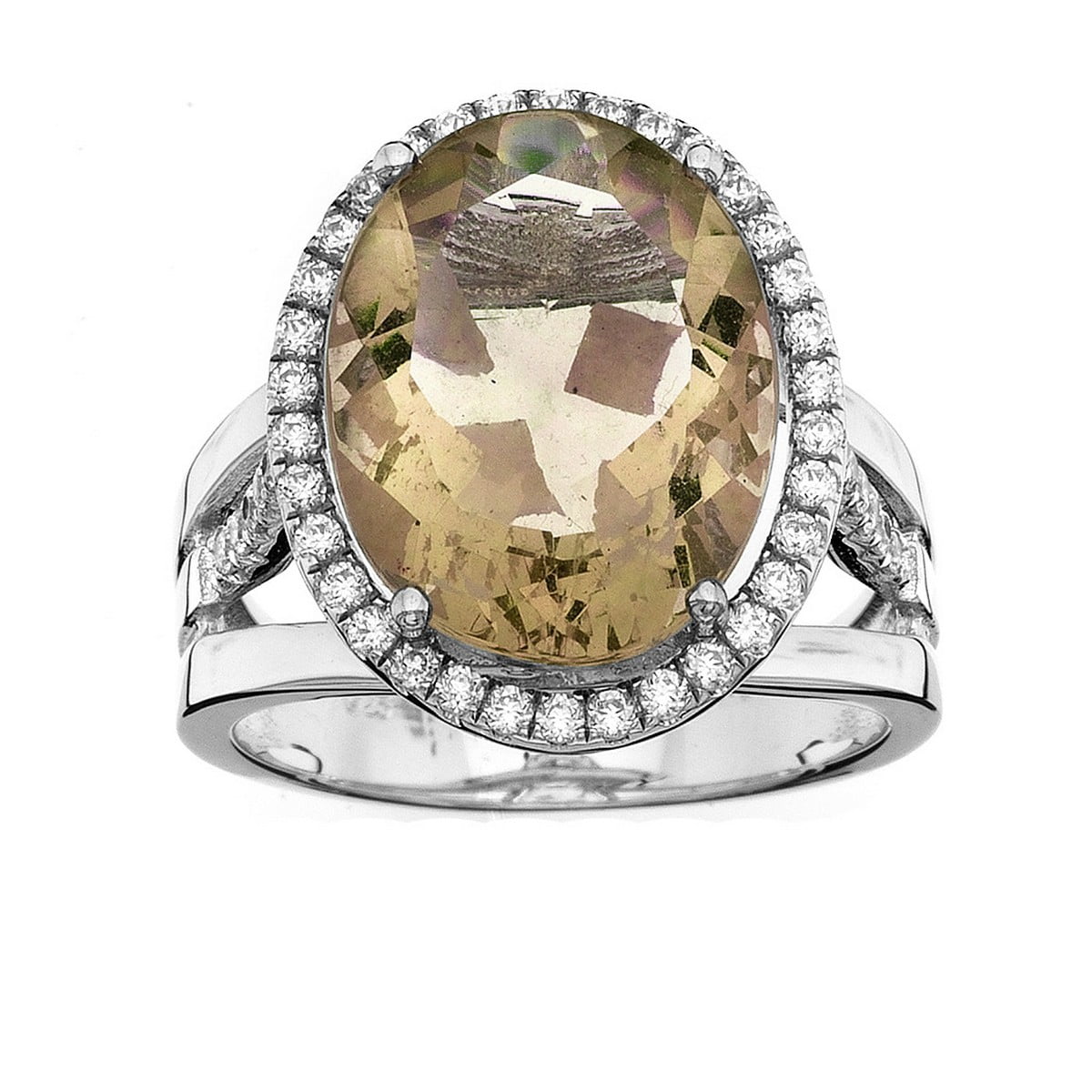 5th & Main Platinum Plated Sterling Silver Oval Single Cut Citrine Pave CZ Ring