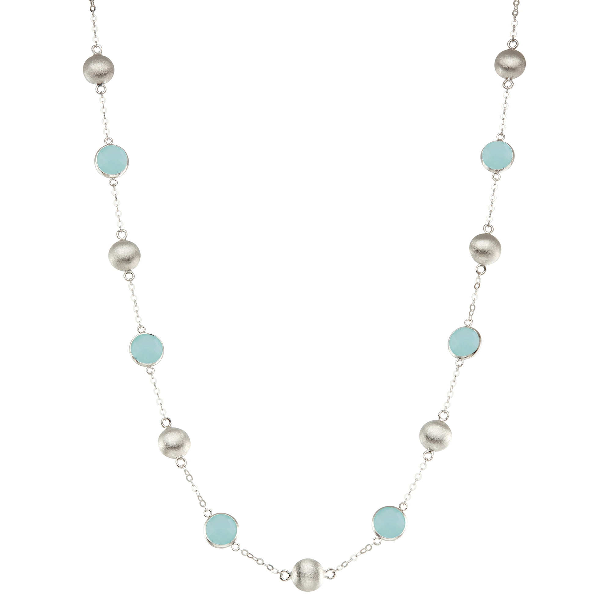 5th & Main Sterling Silver Bead and Bezel three stations Necklace with Aqua Chalcedony Round Gemstones