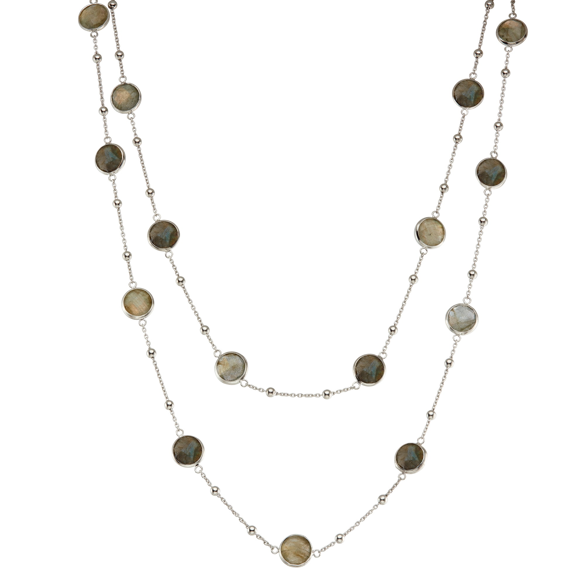 5th & Main Sterling Silver Bezel Necklace with Small Silver Stations and Labradorite Round Gemstones