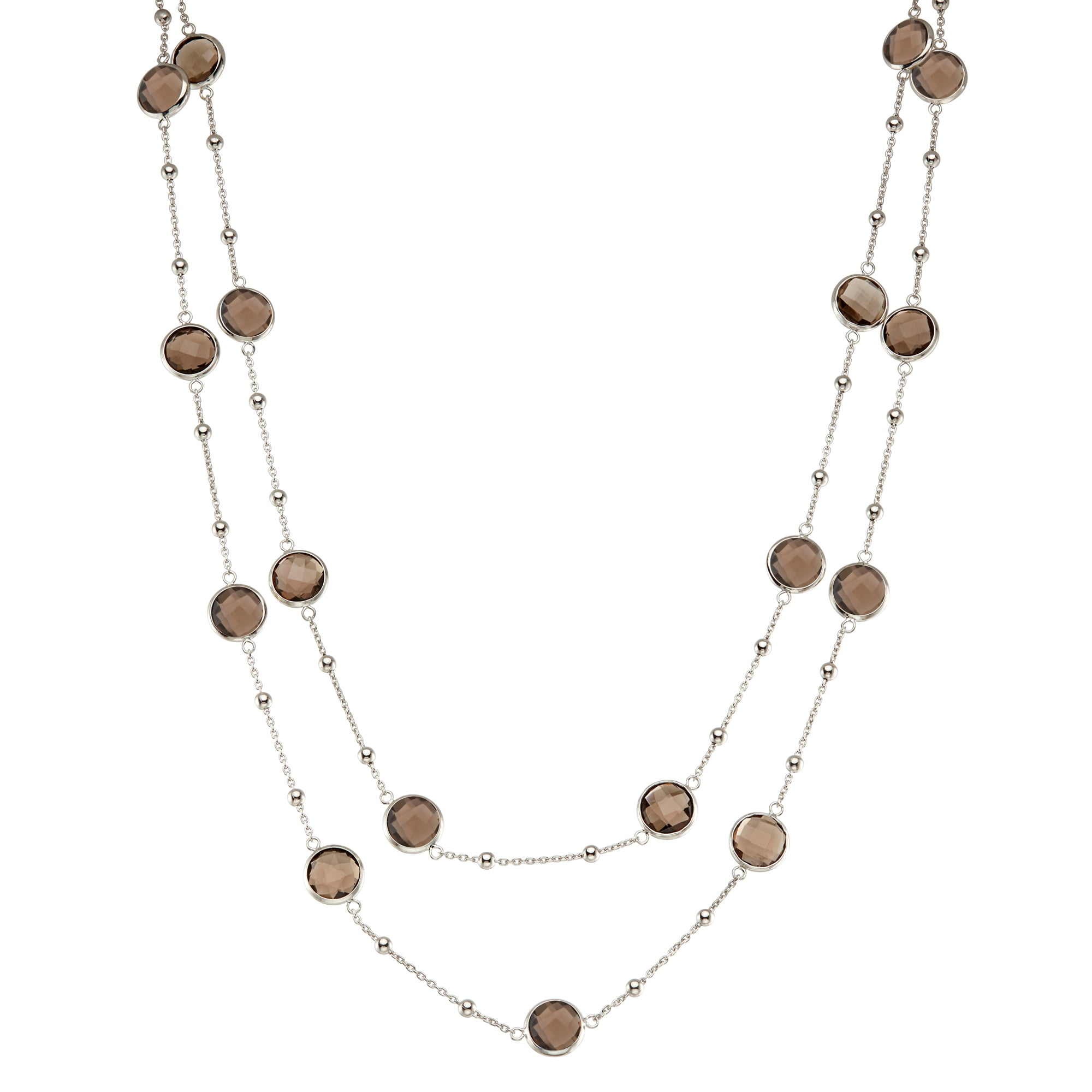 5th & Main Sterling Silver Bezel Necklace with Small Silver Stations and Smoky Quartz Round Gemstones