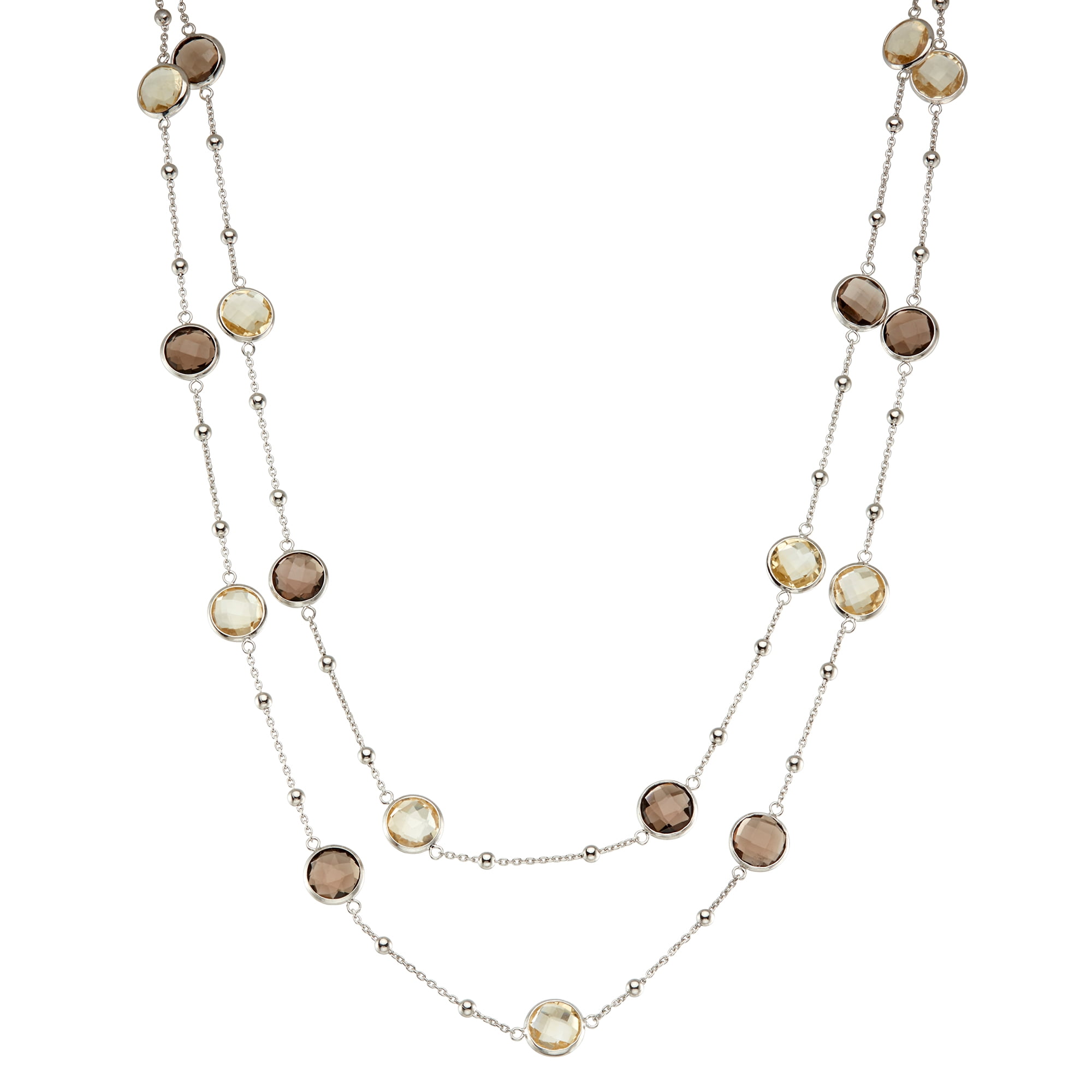5th & Main Sterling Silver Bezel Necklace with Small Silver Stations and Smoky Quartz and Citrine Round Gemstones
