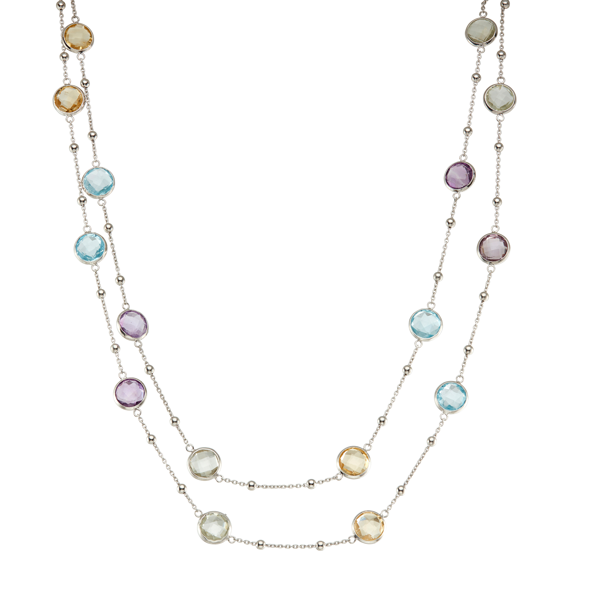 5th & Main Sterling Silver Bezel Necklace with Small Silver Stations with Amethyst, Blue Topaz, Citrine and Green Amethyst Round Gemstones