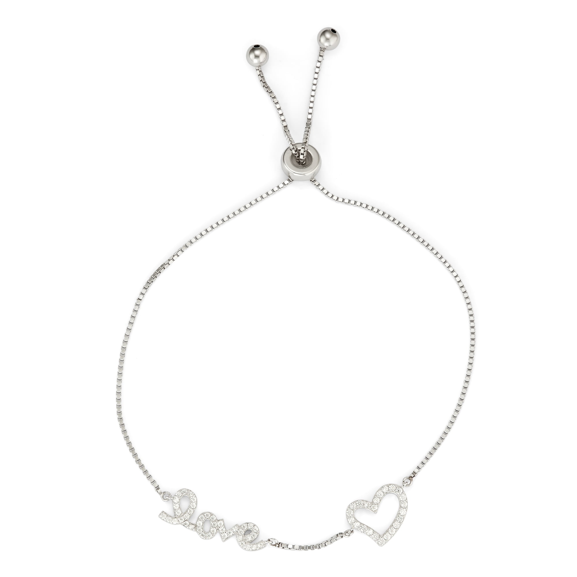 5th & Main Women's Sterling Silver Box Chain Drawstring Bracelet with Embellished Cursive Love and Open Heart
