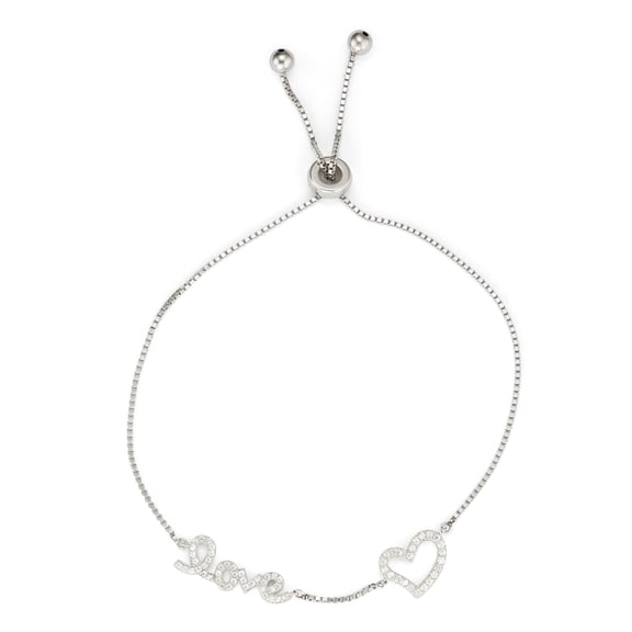 5th & Main Women's Sterling Silver Box Chain Drawstring Bracelet with Embellished Cursive Love and Open Heart