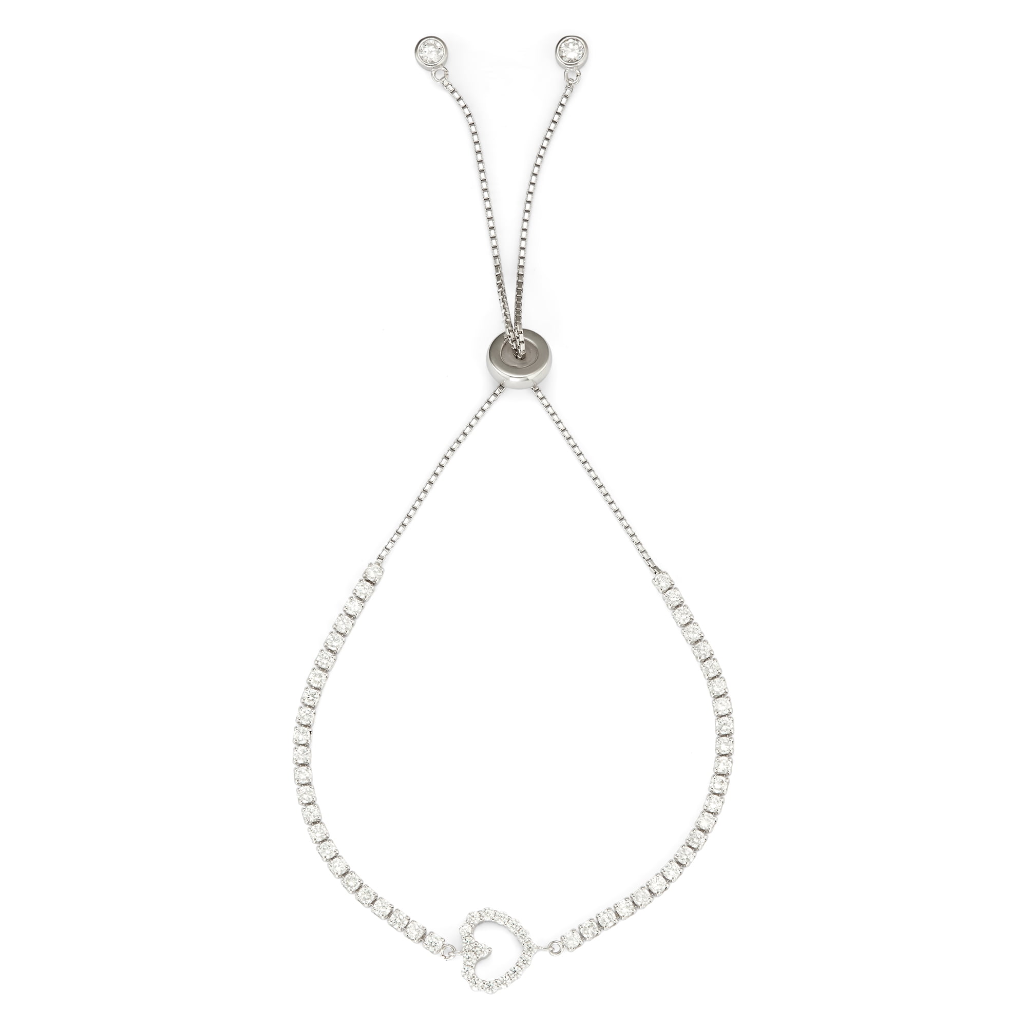 5th & Main Women's Sterling Silver Drawstring Tennis Bracelet with Center Heart and Clear CZs