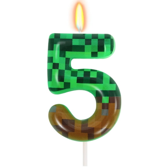 5th Pixel Miner Birthday Candles for Cake Decorations, TNT Themed Party Supplies for andNumber 5 Candle with Cartoon Game Design, green