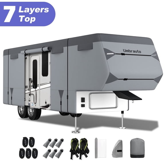 5th Wheel RV Cover for 34'-37' RV 7 Layers Top Anti-UV Waterproof Camper Covers Travel Trailer Motorhome with Gutter Covers