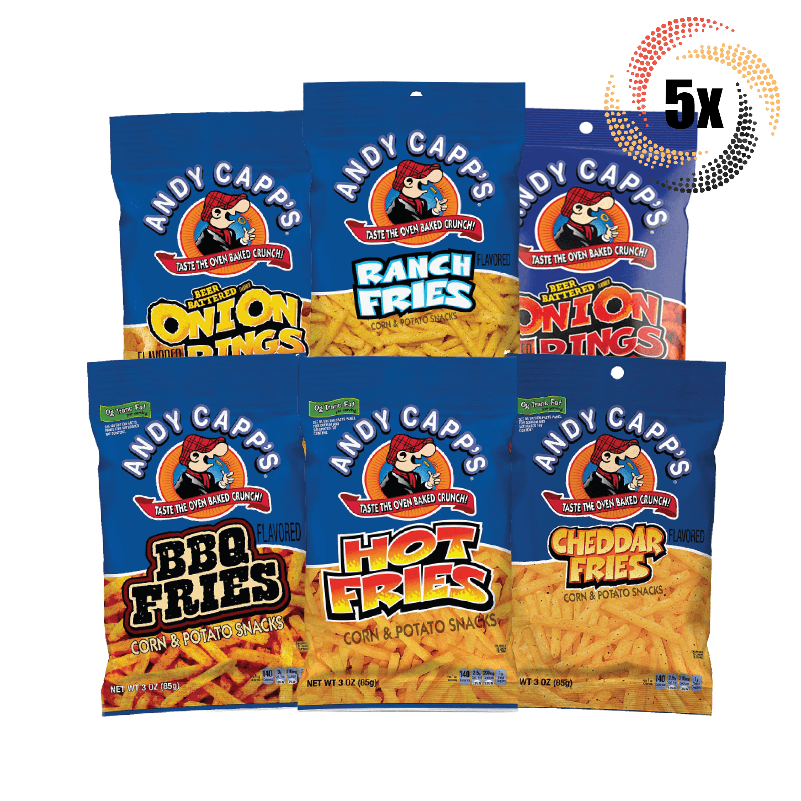 5x Bags Andy Capp's Variety Flavored Fries & Onion Rings Chips 3oz Mix