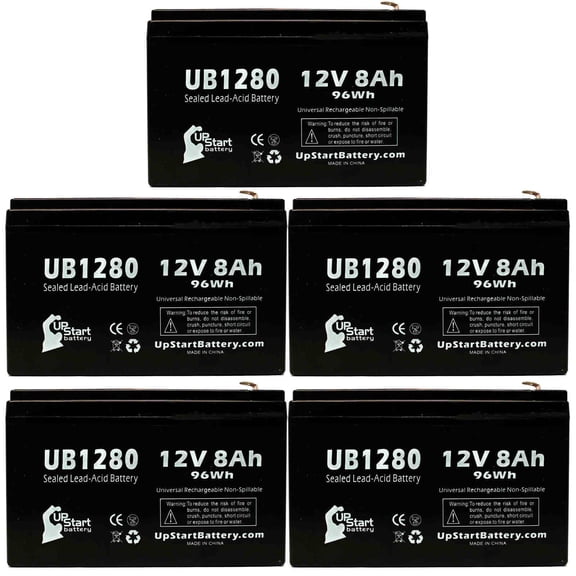5x Pack - Compatible Belkin GXT48VBATT Battery - Replacement UB1280 Universal Sealed Lead Acid Battery (12V, 8Ah, 8000mAh, F1 Terminal, AGM, SLA) - Includes 10 F1 to F2 Terminal Adapters