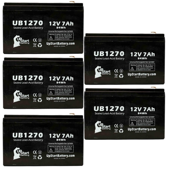 5x Pack - Compatible Sola 510 Battery - Replacement UB1270 Universal Sealed Lead Acid Battery (12V, 7Ah, 7000mAh, F1 Terminal, AGM, SLA) - Includes 10 F1 to F2 Terminal Adapters