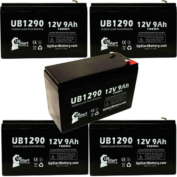 5x Pack - Compatible Sola S24K2U48BAT Battery - Replacement UB1290 Universal Sealed Lead Acid Battery (12V, 9Ah, 9000mAh, F1 Terminal, AGM, SLA) - Includes 10 F1 to F2 Terminal Adapters