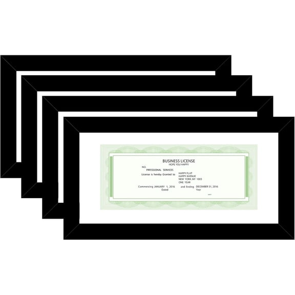5x10 Business License Frame Set of 4 Black for 3.5x8 Standard Business License with Mat or 5x10 Picture without Mat, 5 x 10 Frame with Shatter Resistant Plexiglass for Wall Hanging or Tabletop