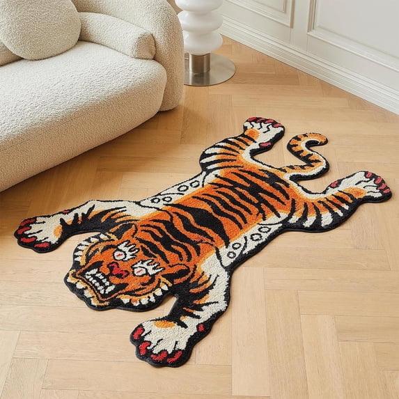 Stitchworn Tibetan Tiger Area Rug, 5x3.3 ft, Tufted High Pile, Machine Washable, Nonslip TPR Backing, Orange, STN-ARUG-XZH-OR-L152