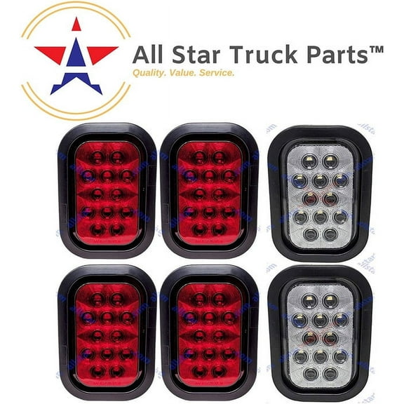5x3" 4x Red 2xWhite Rectangle 12 LED Stop/Turn/Tail & Backup/Reverse Truck Trailer Hitch Light Grommet & 3 Wire Pigtail Plug Kit