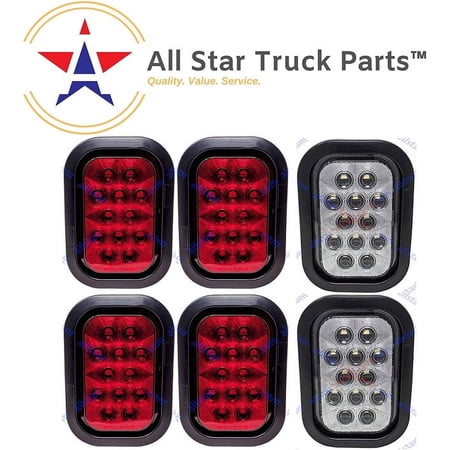 5x3" 4x Red 2xWhite Rectangle 12 LED Stop/Turn/Tail & Backup/Reverse Truck Trailer Hitch Light Grommet & 3 Wire Pigtail Plug Kit