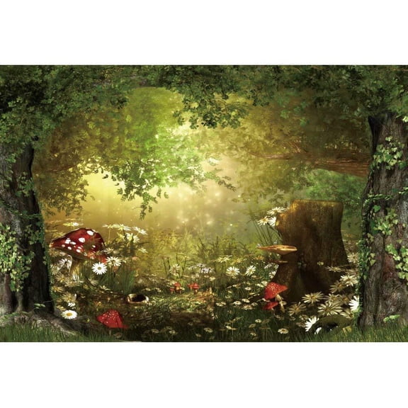 5x3 FT Enchanted Forest Fairy Tale Vinyl Photography Backdrop, Green Trees Wildflowers Daisies Mushrooms Background for Portraits