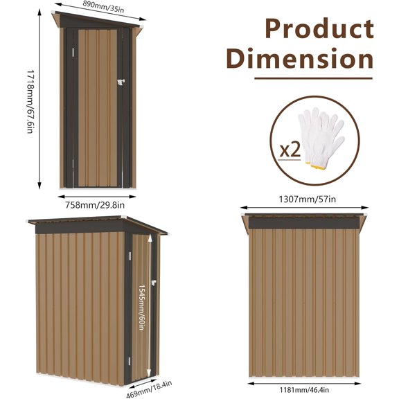 5x3 FT Metal Storage Shed with Pent Roof & Side Hinge Door, Small Outdoor Storage for Garden Tools and Brown