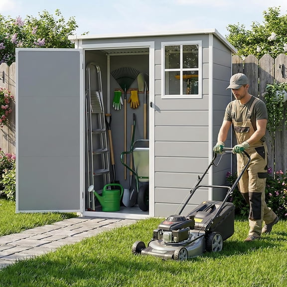 5x3 FT Outdoor Resin Storage Shed with Floor, Lockable Door & Ramp, Waterproof Garden Tool Shed with Window & Vents Grey