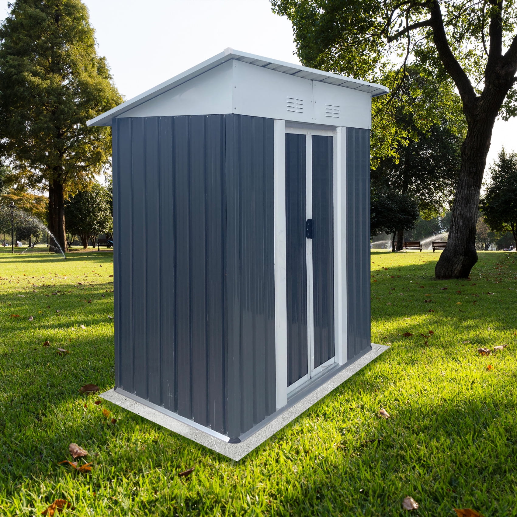 5x3 FT Outdoor Storage Shed with Lockable Door and Sliding Doors, Metal Frame Garden Shed with Sloping Roof, Vents, Waterproof Tool Shed for Backyard Patio Lawn, Vents, Grey