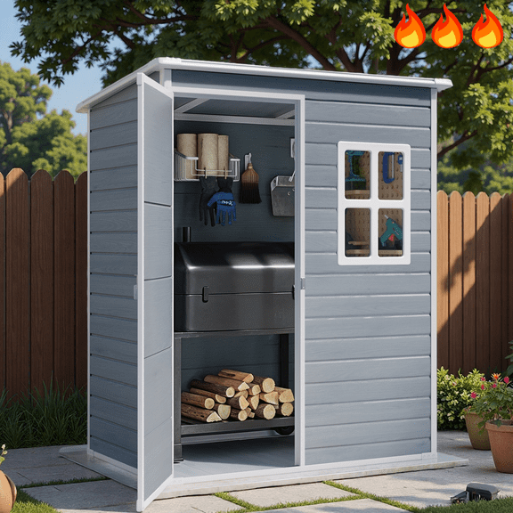 Plastic Shed,5x3 FT Outdoor Storage Shed with Floor to Store Patio Furniture for Yard & Bikes - Gray