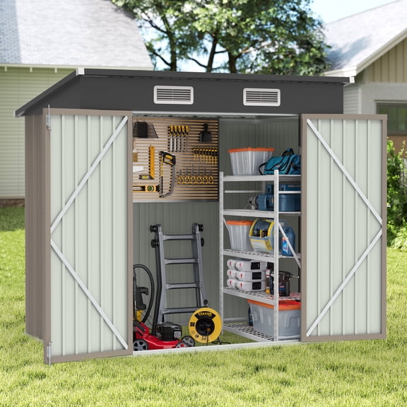 Clearance Storage Shed, Enyopro 6'x4' Outdoor Storage Sheds, Metal Storage House with Lockable Door, Storage Garden Tool shed for Lawnmower, Bike, Garage, Brown