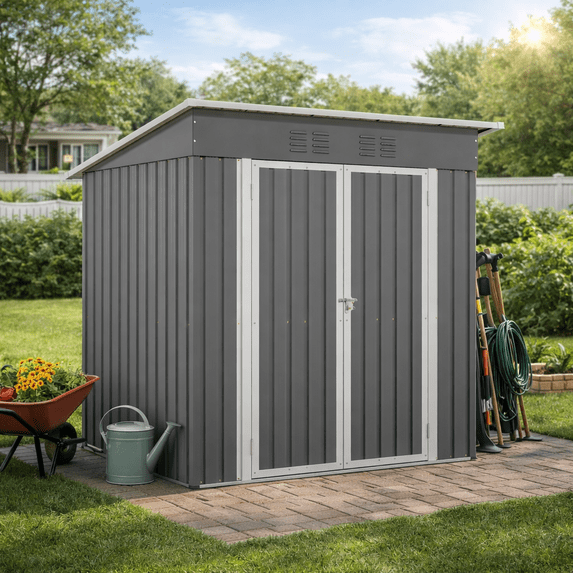 Clearance Storage Shed, Enyopro 6'x4' Outdoor Storage Sheds, Metal Storage House with Lockable Door, Storage Garden Tool shed for Lawnmower, Bike, Garage, Light Gray