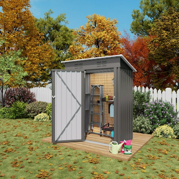 5x3 FT Shed Outdoor Storage Shed, Metal Garden Shed with Lockable Doors & Slooping Roof, Tool Shed Bike Shed for Backyard, Patio, Poolside - Gray, Pitched Roof