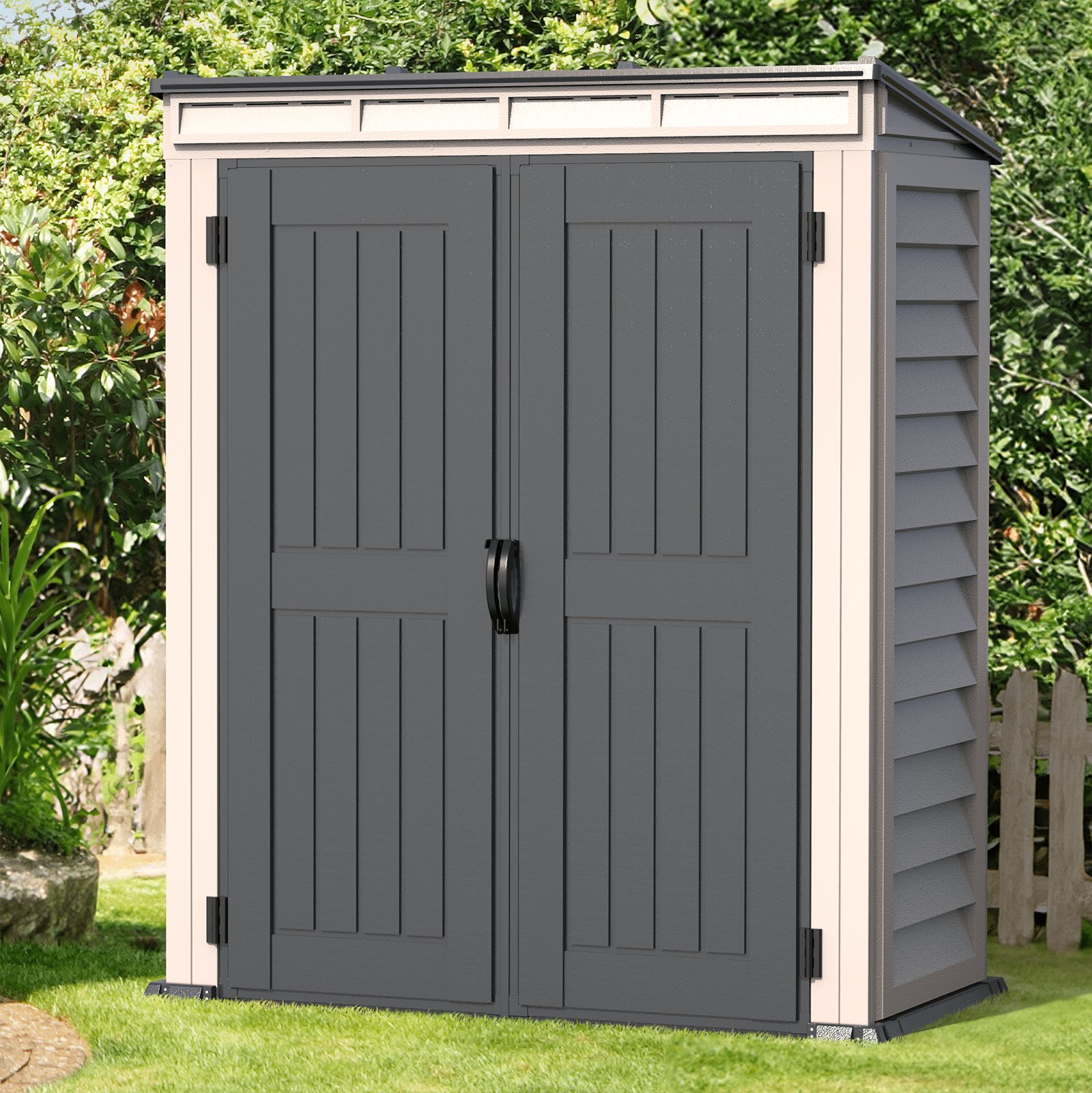 Gray Vinyl Lean-To Storage Shed with Shelving and Windows