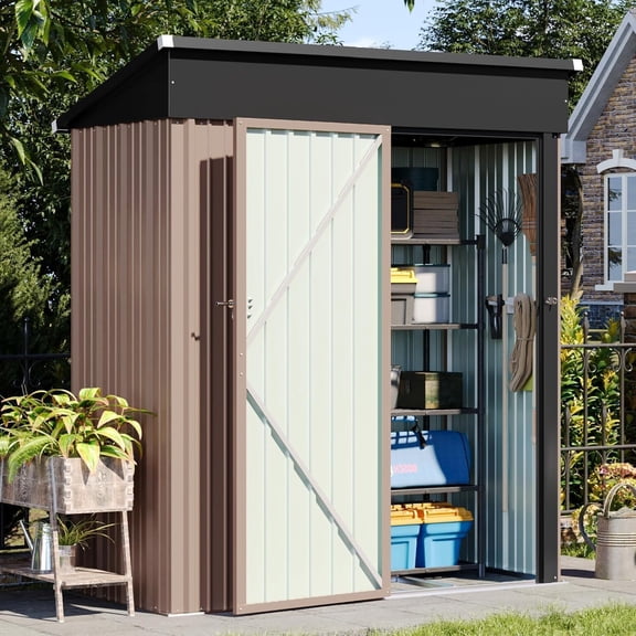 5x3 ft Galvanized Metal Outdoor Storage Shed with Base Slanted Roof Tool House with Stainless Latch & Base Frame Durable Weather-Resistant Garden Shed for Patio, Brown