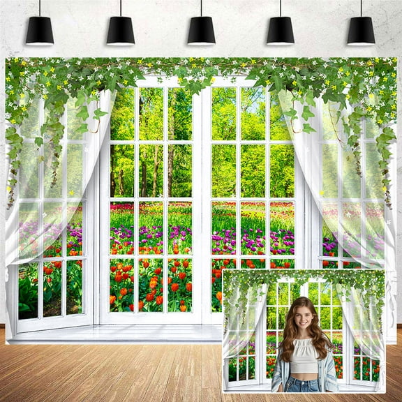 5x3 ft Spring Window Scenery Backdrop White Window Red Floral Green Forest Wildflower Natural Spring Scenery Background Party Banner Wall Decor Newborn Baby Kids Family Photo Props