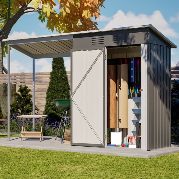 5x3FT 2-in-1 Galvanized Steel Lean-To Shed & Gazebo Combo Grey Hardtop Pergola Lockable Tool Storage, All-Weather Outdoor Shelter for Patio Garden Backyard, Easy Assembly