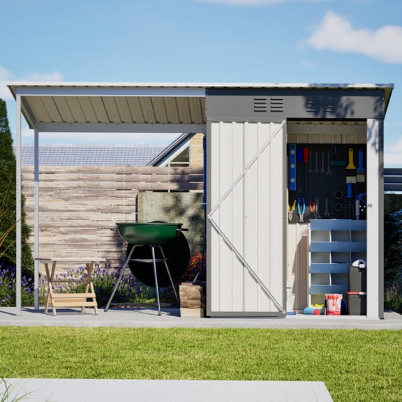 5x3FT Durable Galvanized Steel Shed & Gazebo Combo - 2-in-1 Lean-To Storage with Open Pergola, All-Weather Garden Tool Storage for Patio & Backyard
