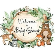 5x3FT Polyester Jungle Safari Animals Theme Backdrop Welcome to Baby Shower Watercolor Green Leaves Woodland Fawn Squirrel Photography Background Newborn Baby Shower Party Banner Photo Sh