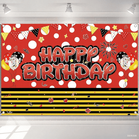 5x3FT Red Mouse Cartoon Birthday Backdrop Happy Birthday Dots Photography Background Banner for Kids Boys 1st 2nd 3rd 4th 5th 6th 7th Birthday Party Supplies Decorations