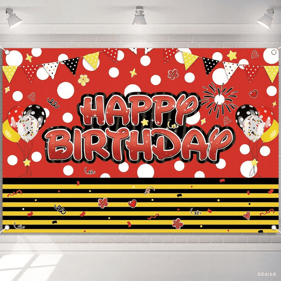 5x3FT Red Mouse Cartoon Birthday Backdrop Happy Birthday Dots Photography Background Banner for Kids Boys 1st 2nd 3rd 4th 5th 6th 7th Birthday Party Supplies Decorations