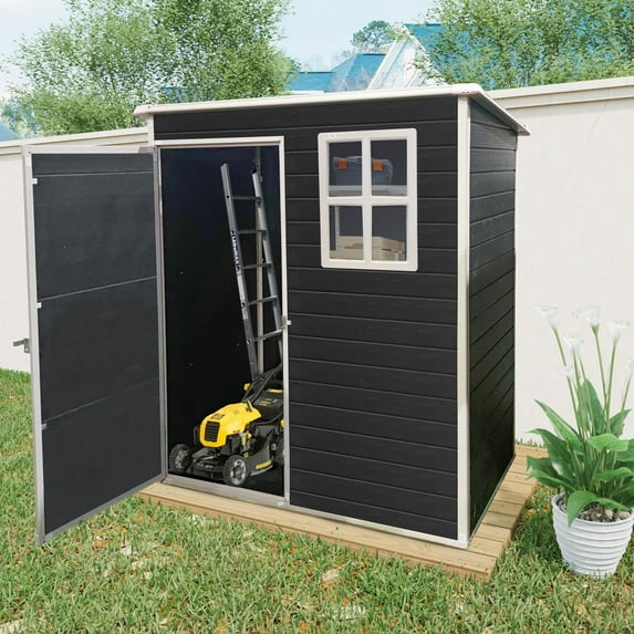 5x3FT Storage Shed Outdoor Resin with Floor Tool Shed Waterproof with Lockable Doors for Backyard Patio Garden Lawn, Black