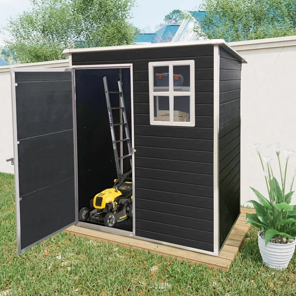 5x3FT Storage Shed Outdoor Resin with Floor Tool Shed Waterproof with Lockable Doors for Backyard Patio Garden Lawn, Black