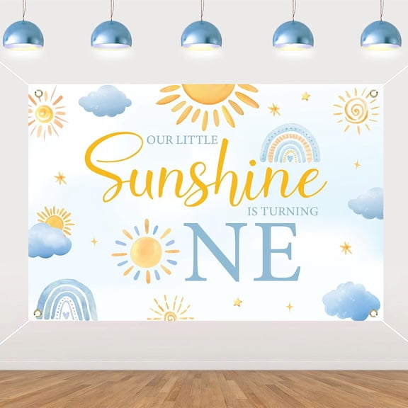 5x3FT Sun 1st Birthday Backdrop Blue Orange Our Little Sunshine Is Turning One Background for Boys Sunshine Rainbow Clouds First Birthday Party Decorations Banner Photo Booth Props