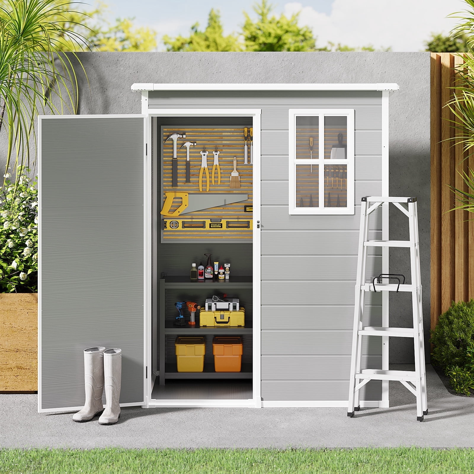 5x3ft（16.6 sq. ft.） Outdoor Storage Shed, Asofer Resin Storage Shed, Plastic Garden Shed for Garden, Gray
