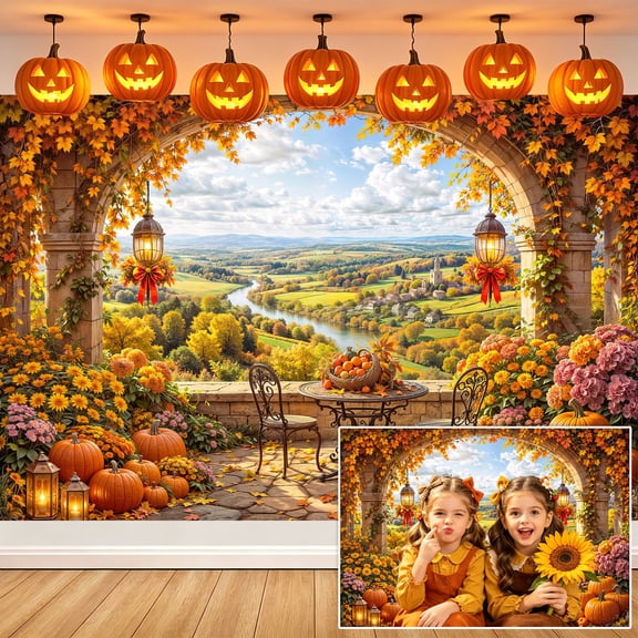 5x3ft Autumn Archway Fall Backdrop, Rustic Thanksgiving Countryside View Photography Background, Harvest Pumpkin Patio Backdrop for Party Decor Photo Booth