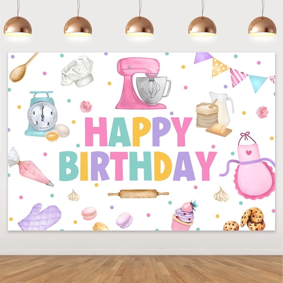 5x3ft Baking Birthday Backdrop Happy Birthday Backdrop Baking Party Decorations Girl Pink Cake Muffin Icecream Kitchen Party Photography Background for Girls 1st 2nd 3rd Birthday Party Decor Supplies