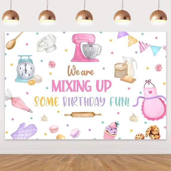 5x3ft Baking Birthday Backdrop We are Mixing up Some Birthday Fun Photography Background Kitchen Cake Party Banner Decorations for Girsl Birthday Party Decor Supplies