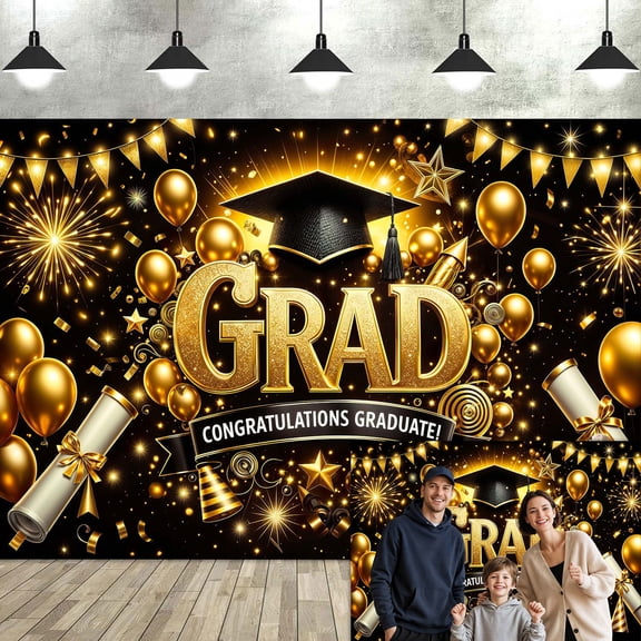 5x3ft Black and Gold Graduation Photography Backdrop, Congratulations Graduate Photo Booth Background with Cap Diploma Balloons, 2026 Grad Party Decor for High School College Graduation Supplies