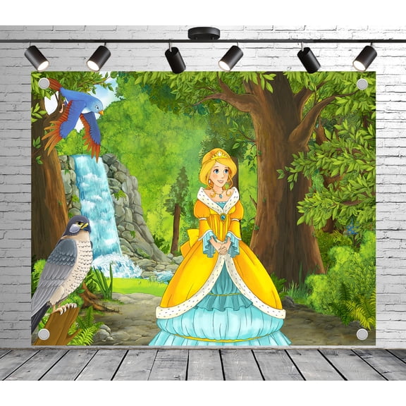 5x3ft Cartoon Forest Princess Backdrop Photoshoot Photo Backdrop Nature Scenery Background for Theme Party Wedding Birthday Baby Shower Decoration Banner Photo Booth Studio Props